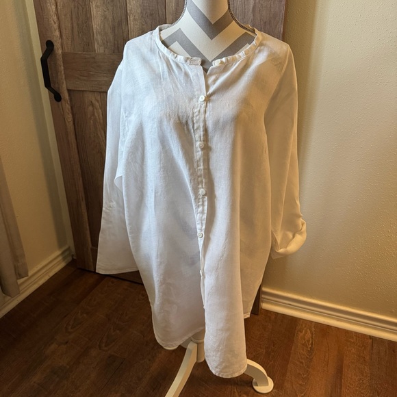 Large Flax Linen poets blouse Women’s long white top shirt mandarin collar - Picture 3 of 12